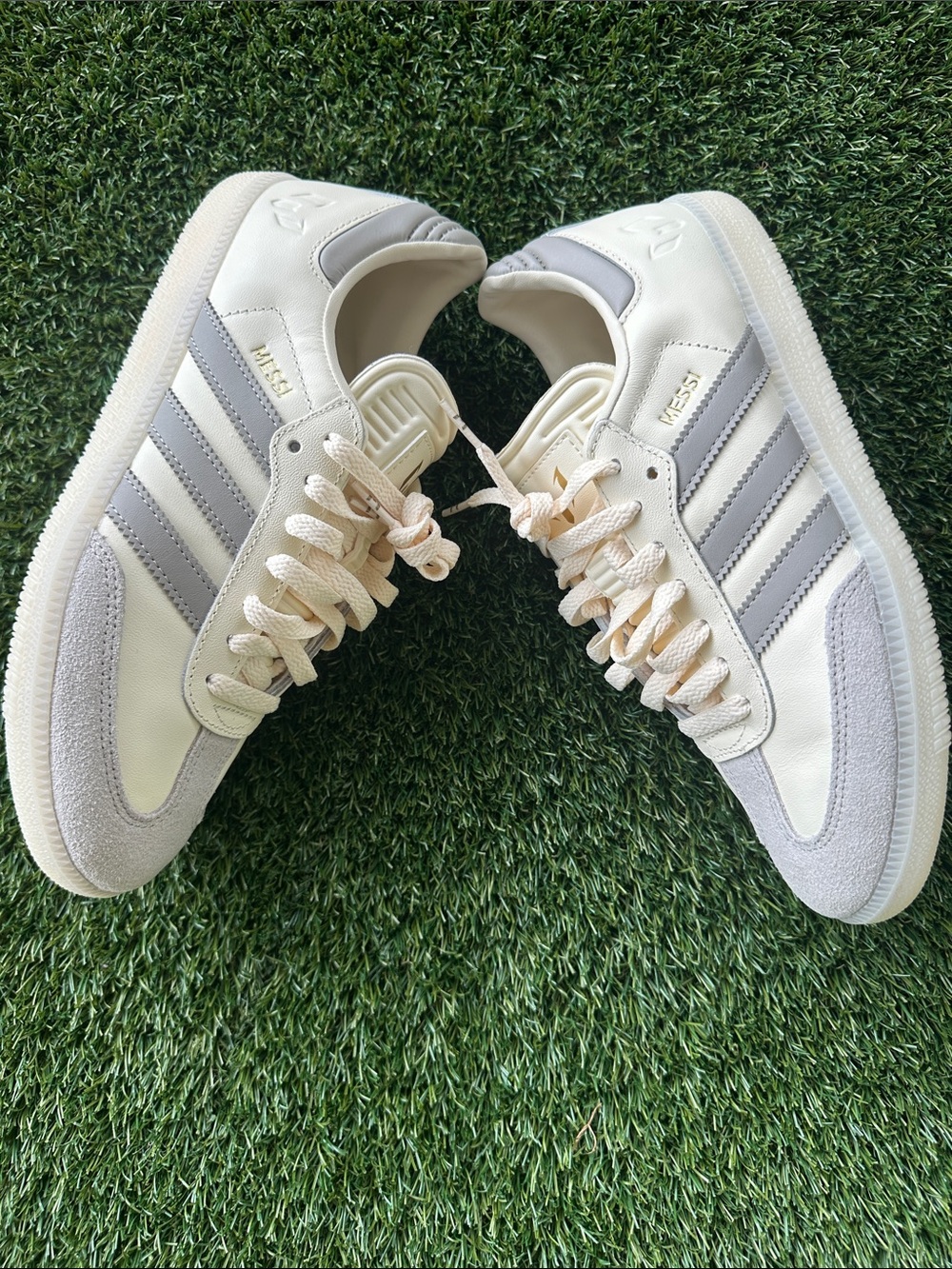 Messi edition adidas Off White and Light Gray Samba-Inspired Sneakers